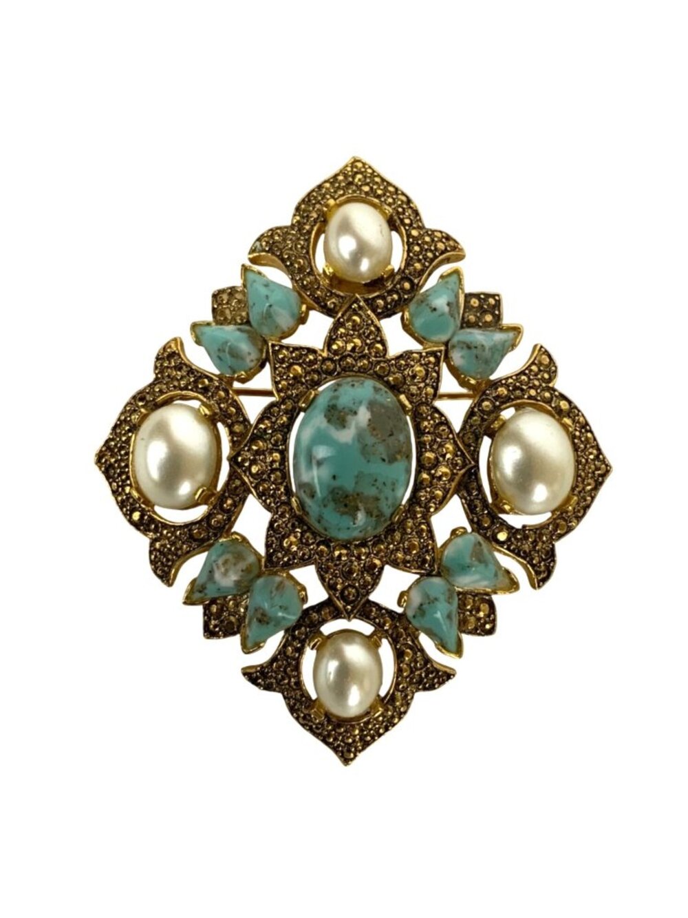 Vintage Sarah Coventry Remembrance Brooch Pendant Faux Turquoise Pearl 1968